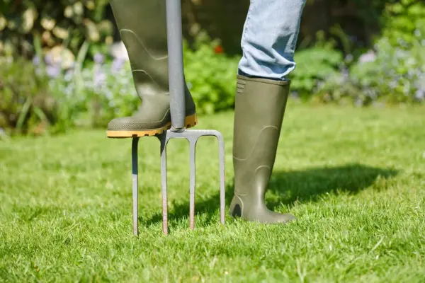 A person in rubber boots stands on lush grass, ready to aerate the lawn for healthier growth.