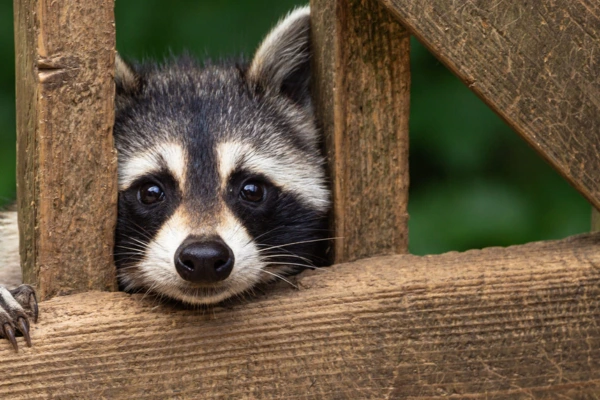 A raccoon cautiously peeks from behind a wooden fence, highlighting its distinctive features and playful demeanor.